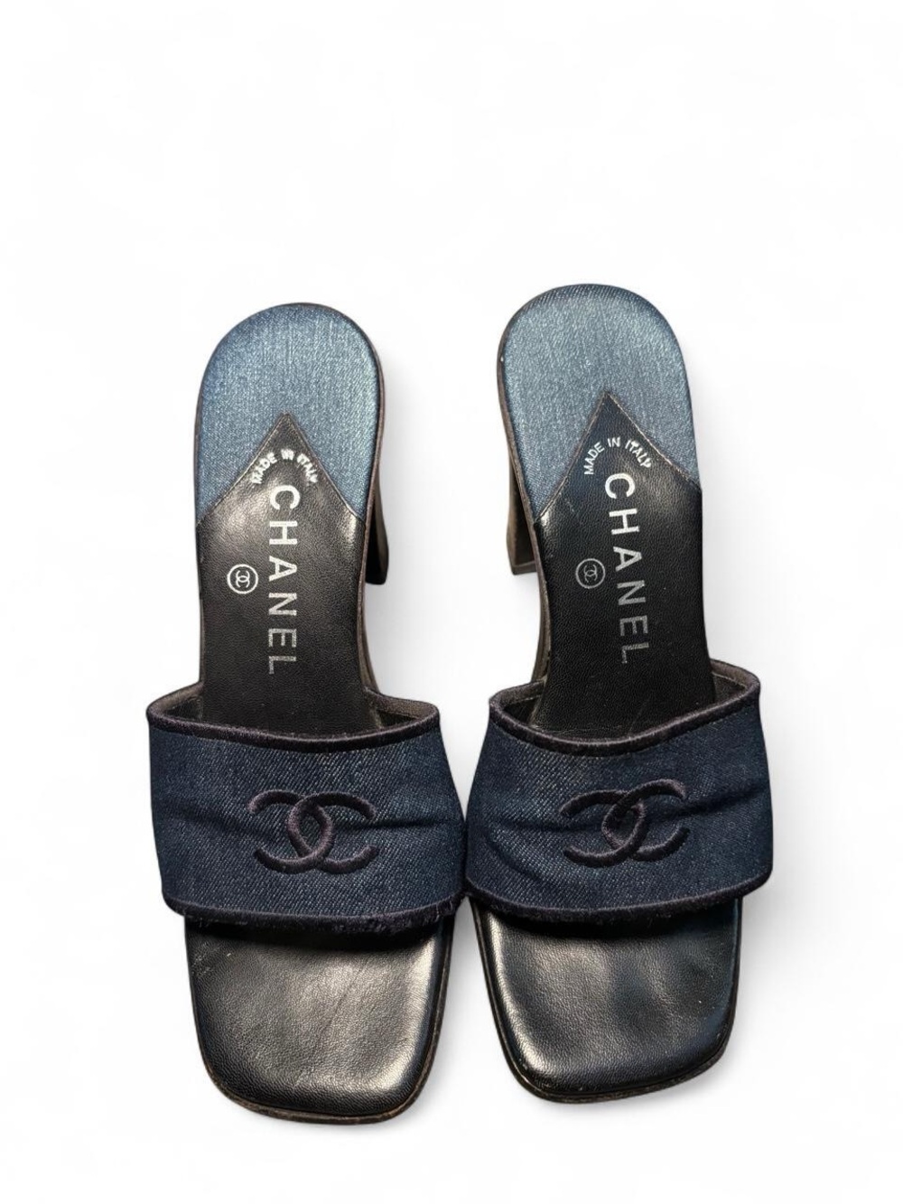 CHANEL Navy Denim Slide Mules with Black Leather Footbed